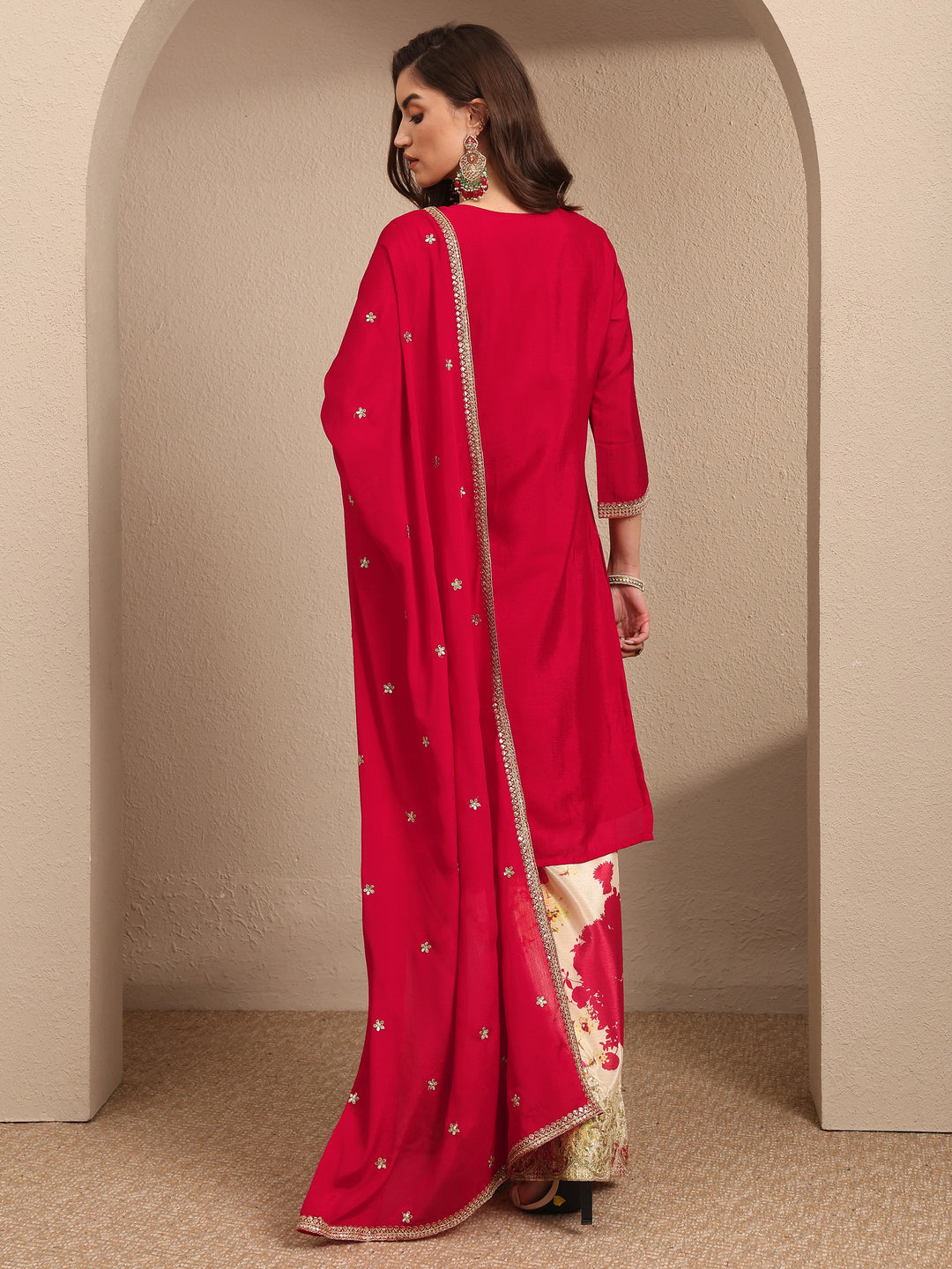  Red Embroidered Chinon Straight Suit Set With Dupatta 