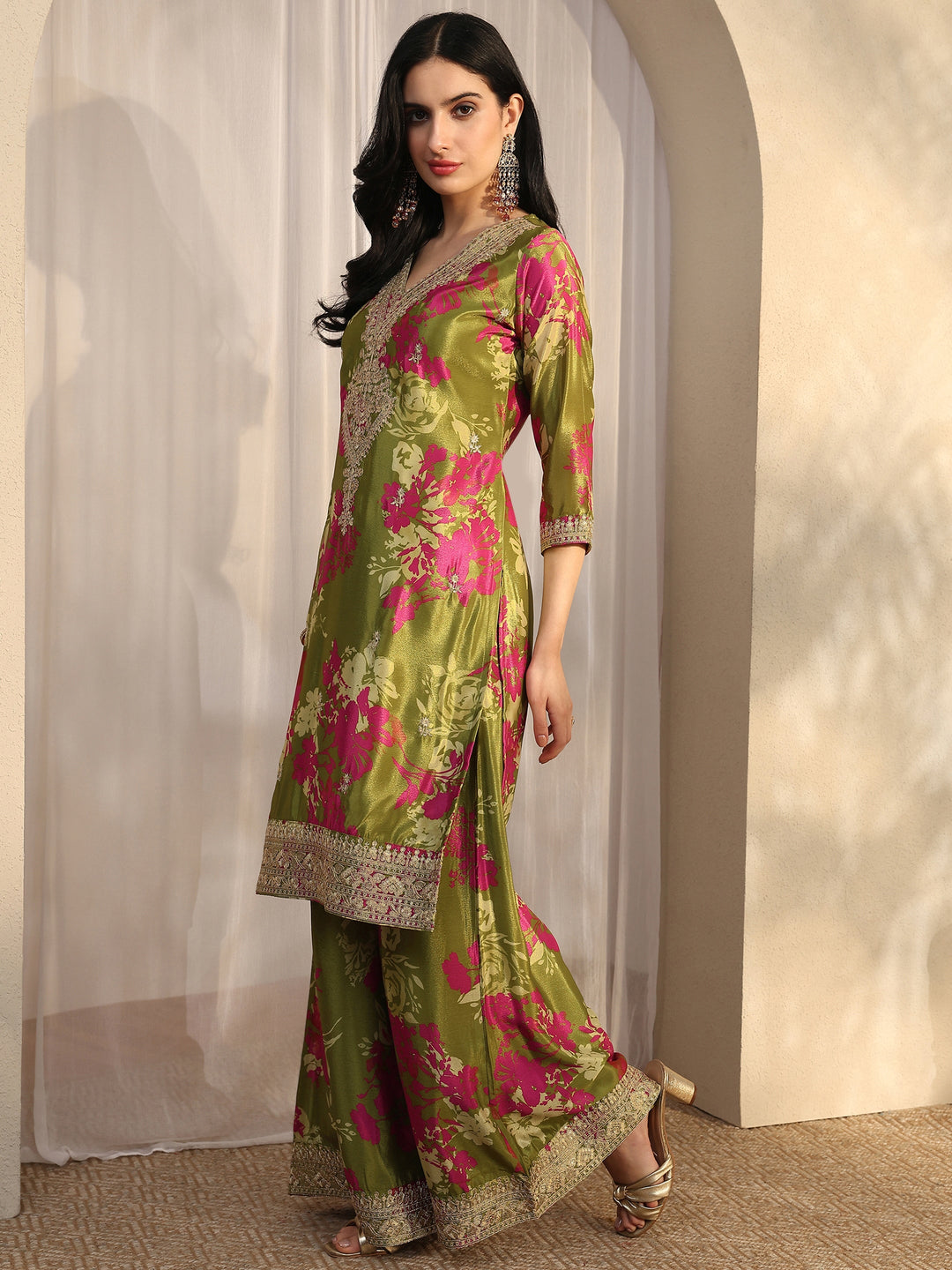  Green Printed Chinon Straight Suit Set With Dupatta 
