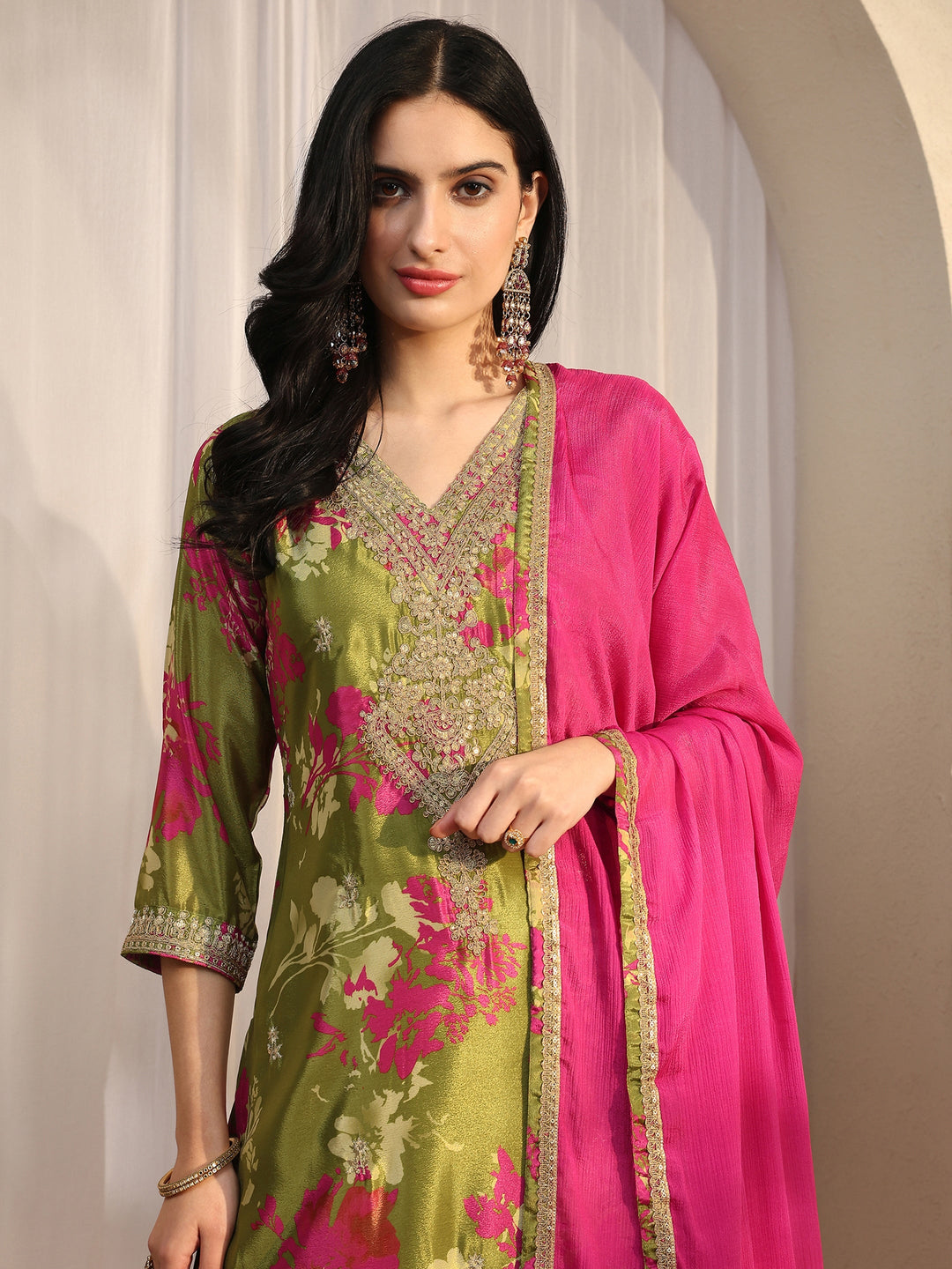  Green Printed Chinon Straight Suit Set With Dupatta 