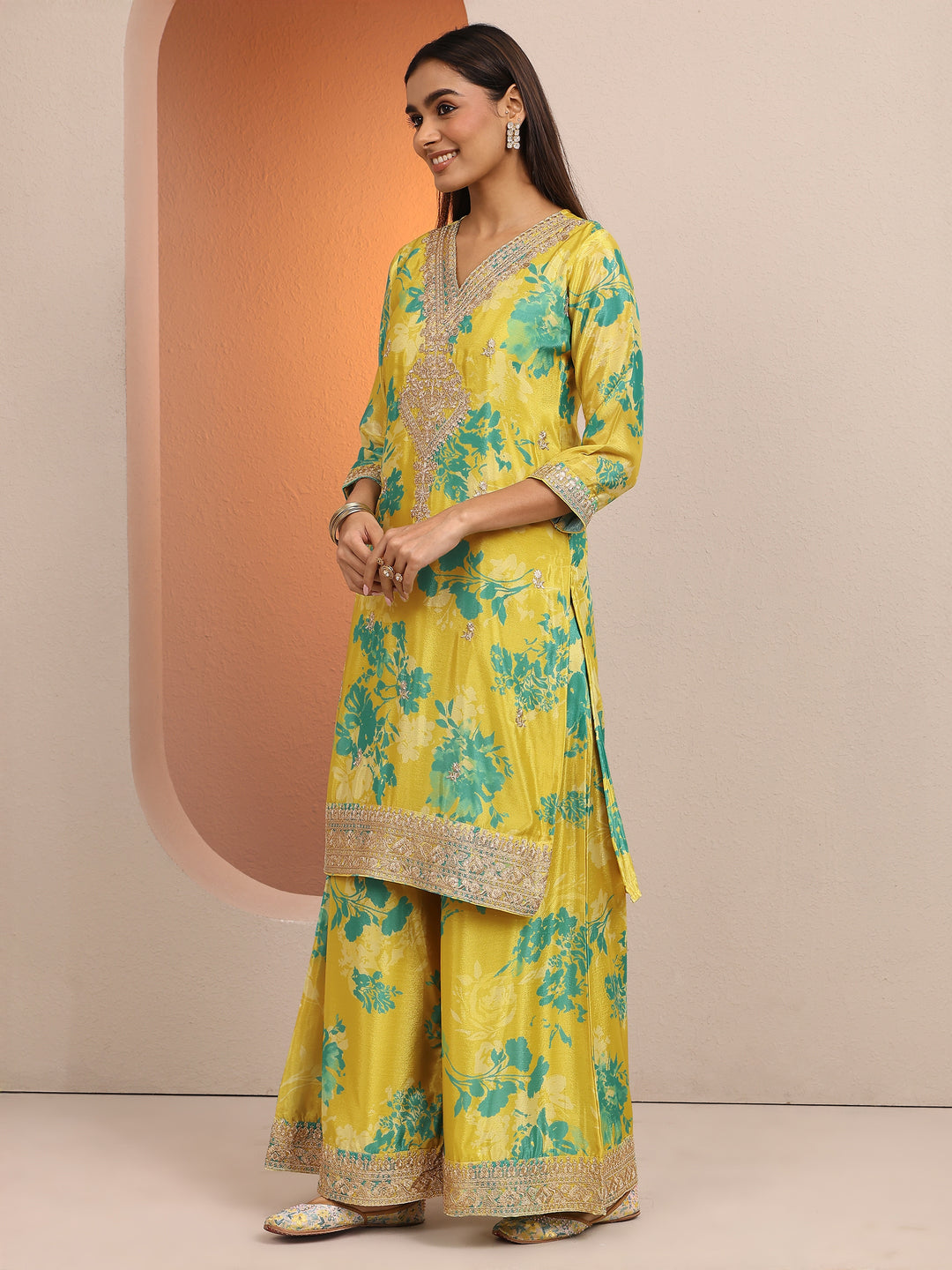  Yellow Printed Chinon Straight Suit Set With Dupatta 