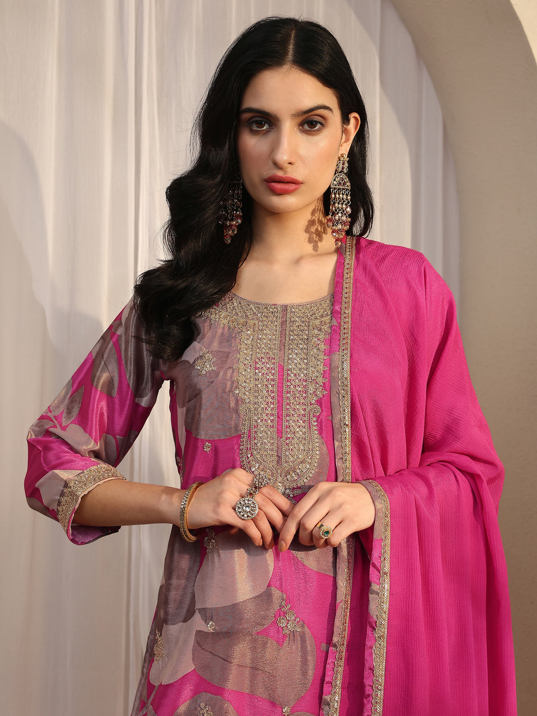  Pink Printed Chinon Straight Suit Set With Dupatta 