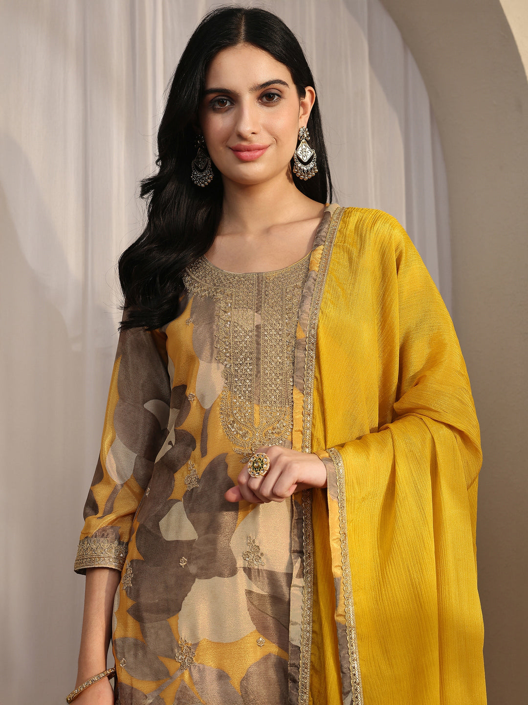  Mustard Printed Chinon Straight Suit Set With Dupatta 