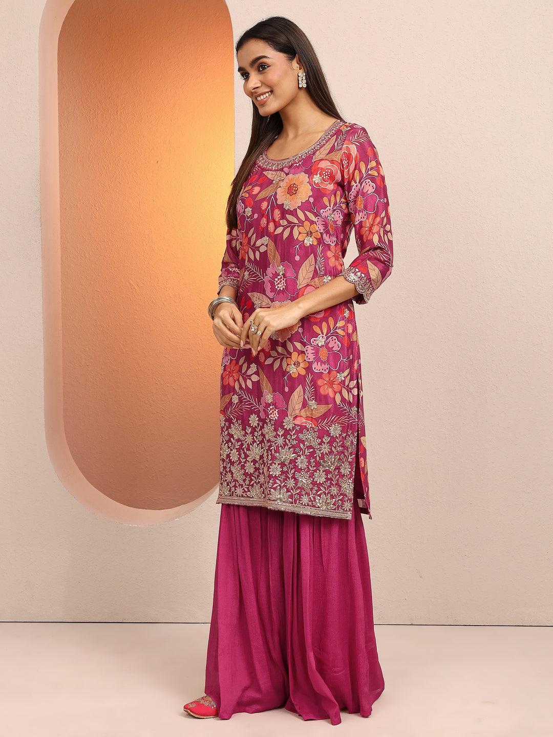  Pink Printed Chinon Straight Suit Set With Dupatta 