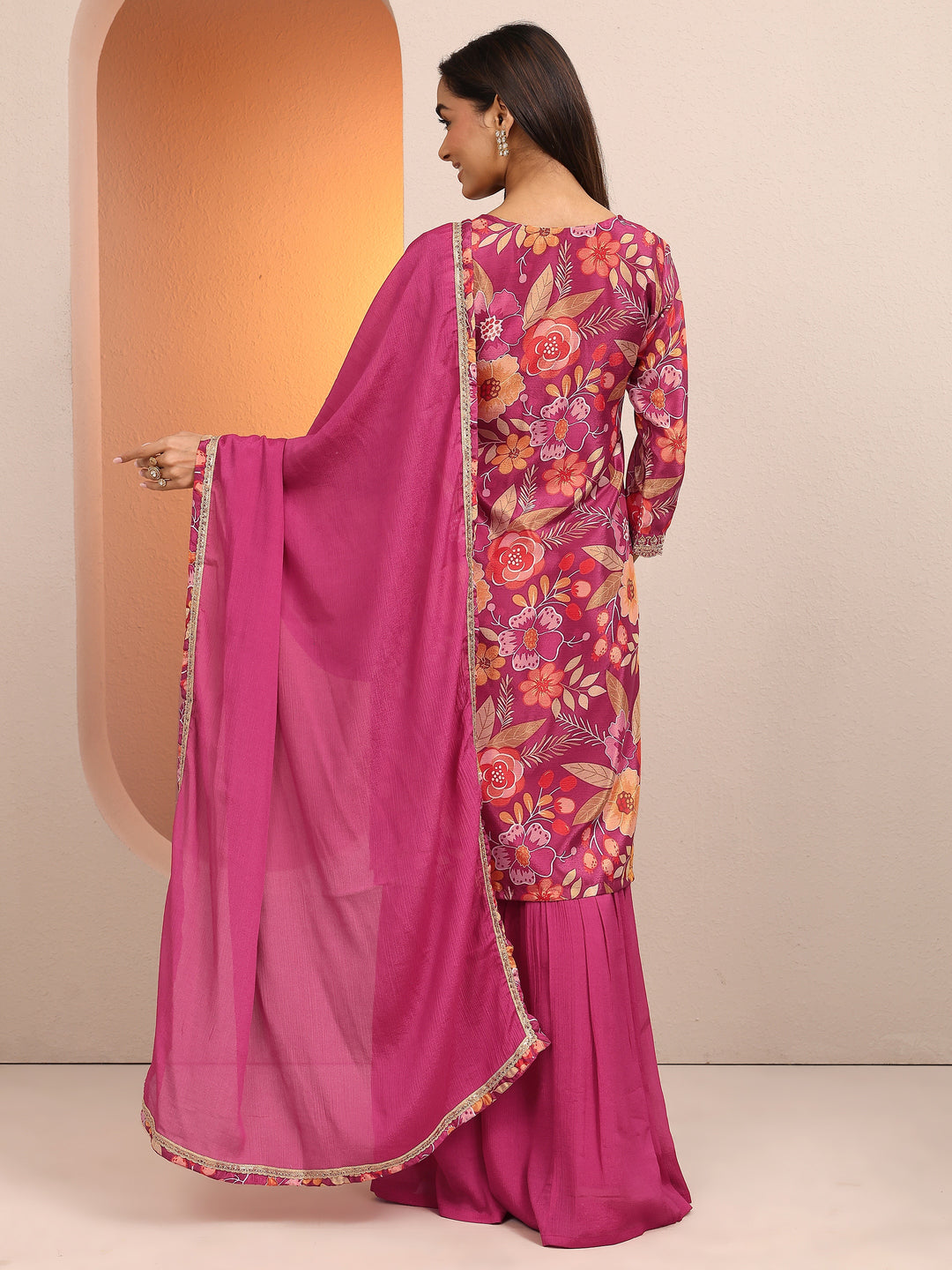  Pink Printed Chinon Straight Suit Set With Dupatta 