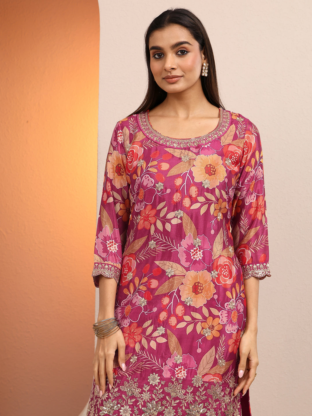  Pink Printed Chinon Straight Suit Set With Dupatta 