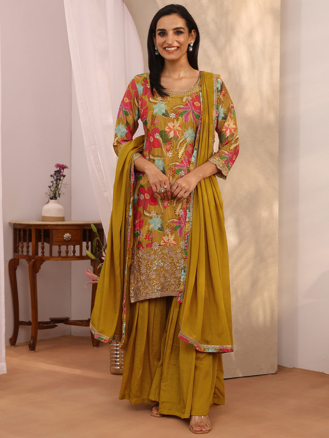  Mustard Printed Chinon Straight Suit Set With Dupatta 