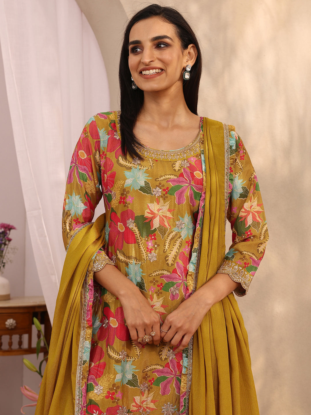  Mustard Printed Chinon Straight Suit Set With Dupatta 