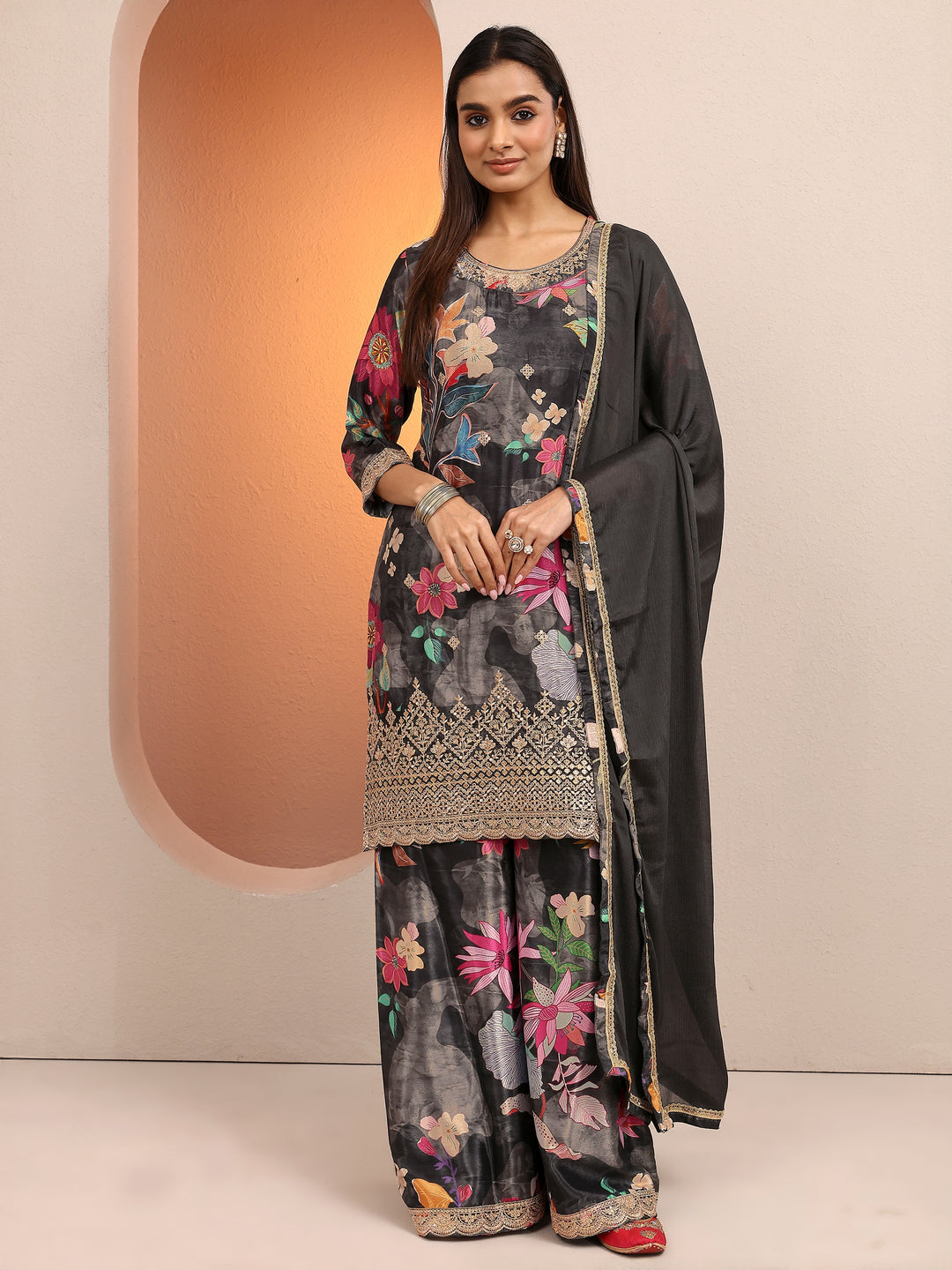  Black Printed Chinon Straight Suit Set With Dupatta 