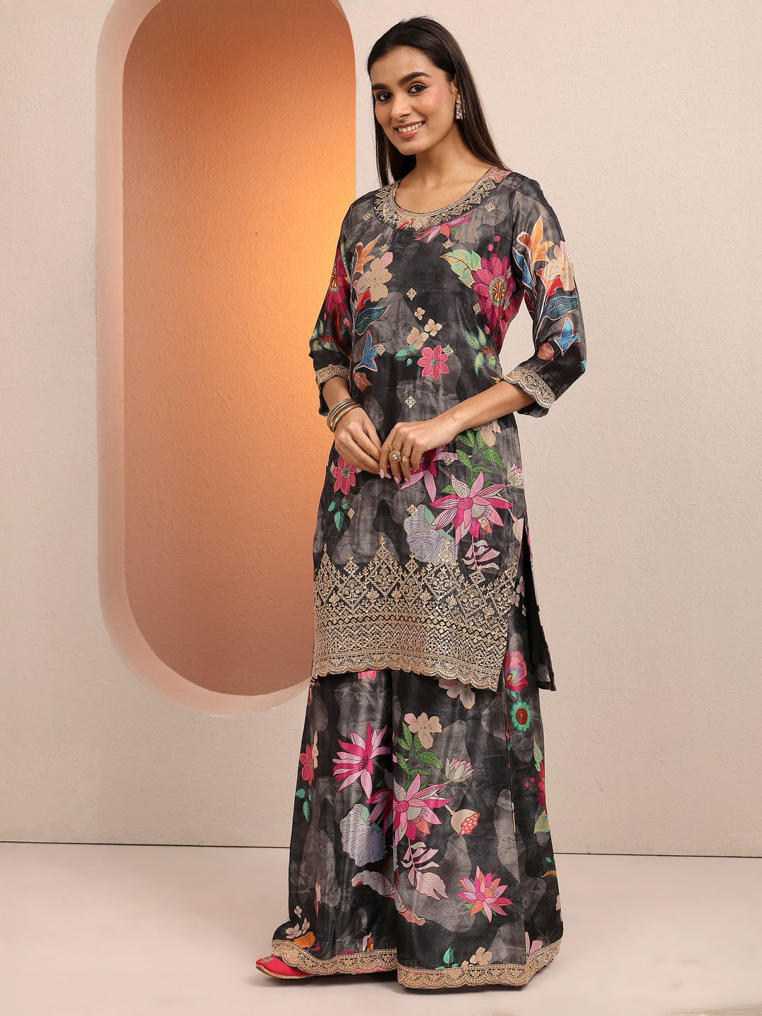  Black Printed Chinon Straight Suit Set With Dupatta 