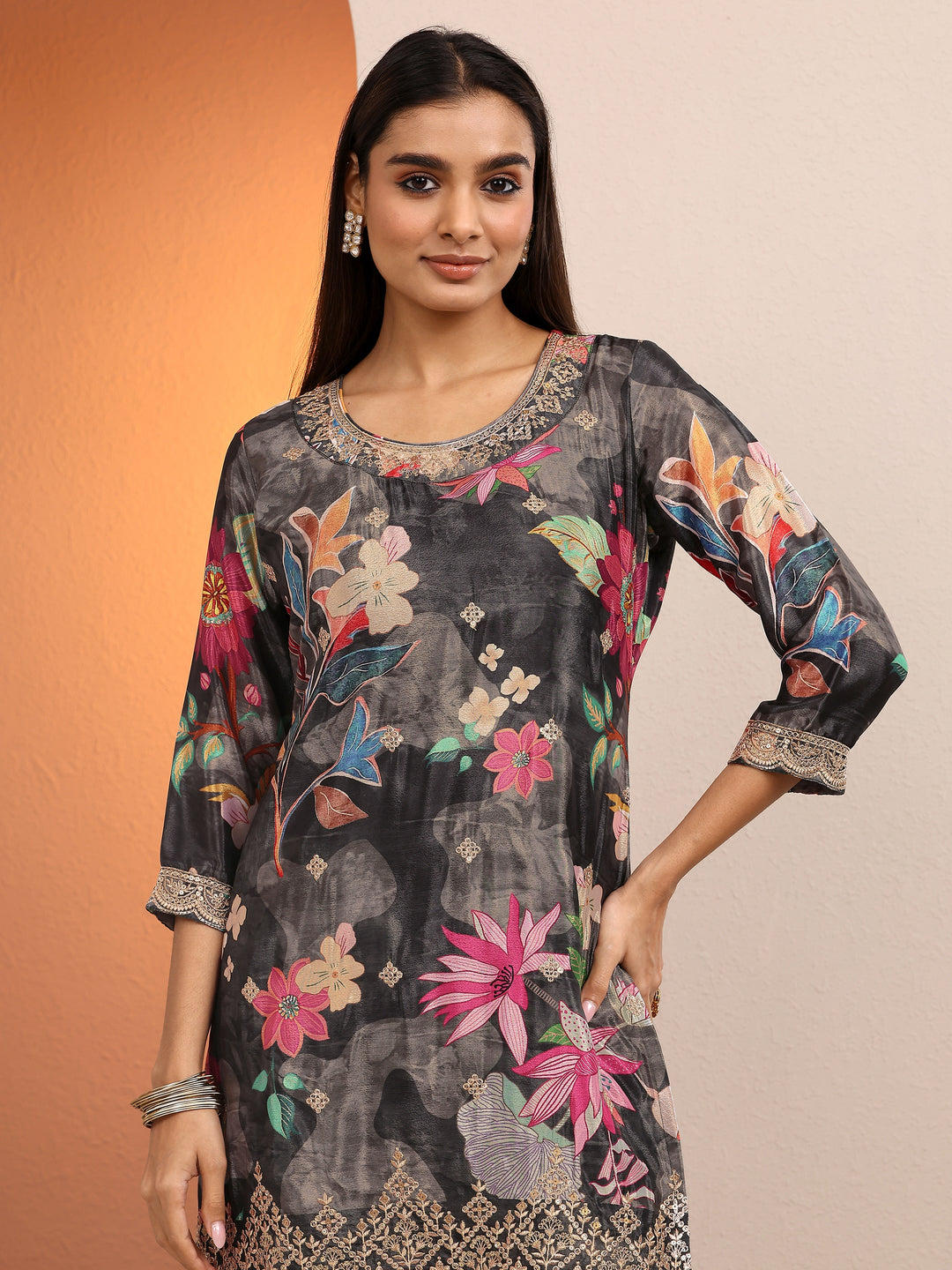  Black Printed Chinon Straight Suit Set With Dupatta 