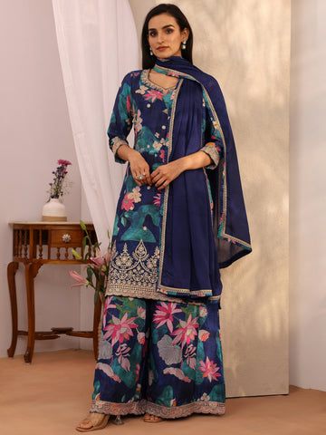 Blue Printed Chinon Straight Suit Set With Dupatta