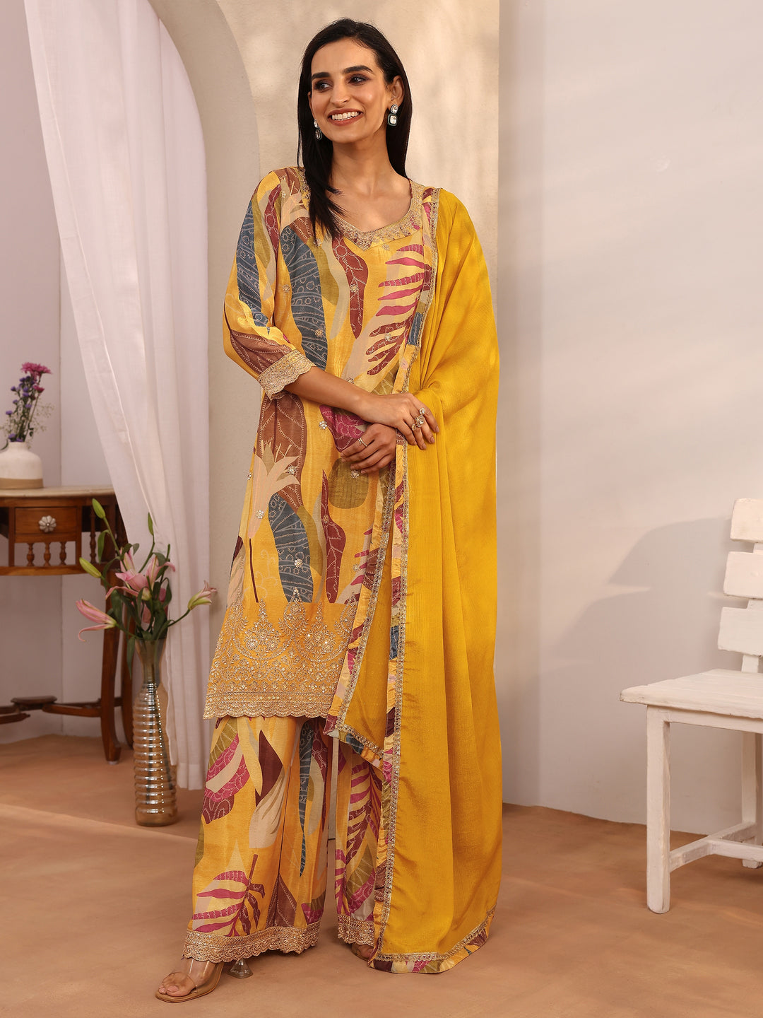  Mustard Printed Chinon Straight Suit Set With Dupatta 