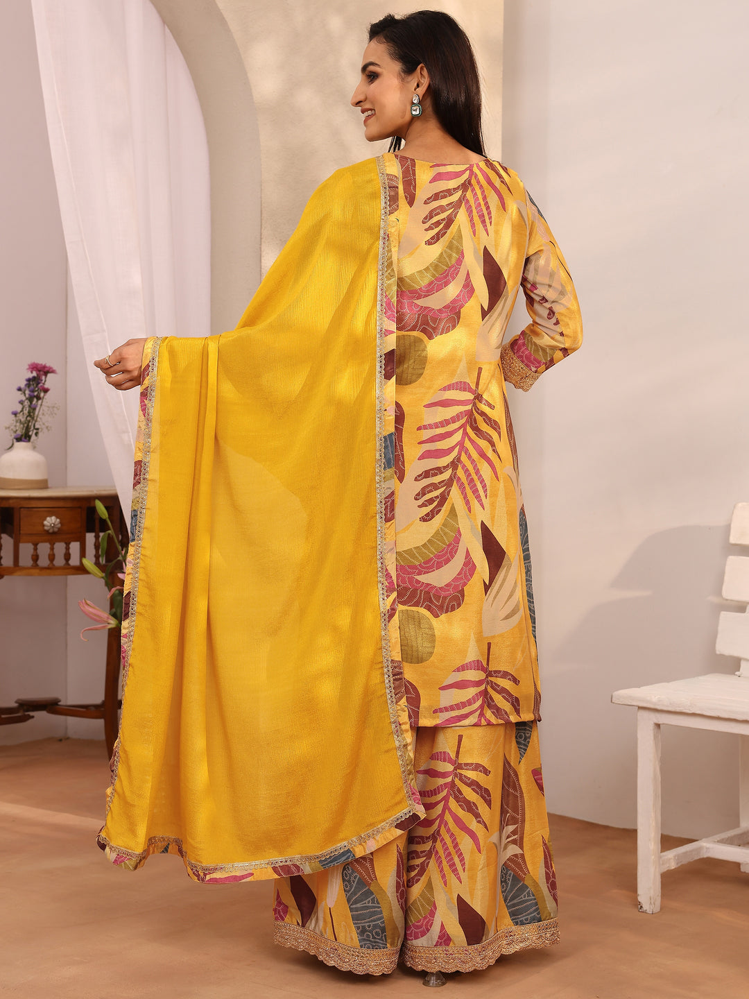  Mustard Printed Chinon Straight Suit Set With Dupatta 