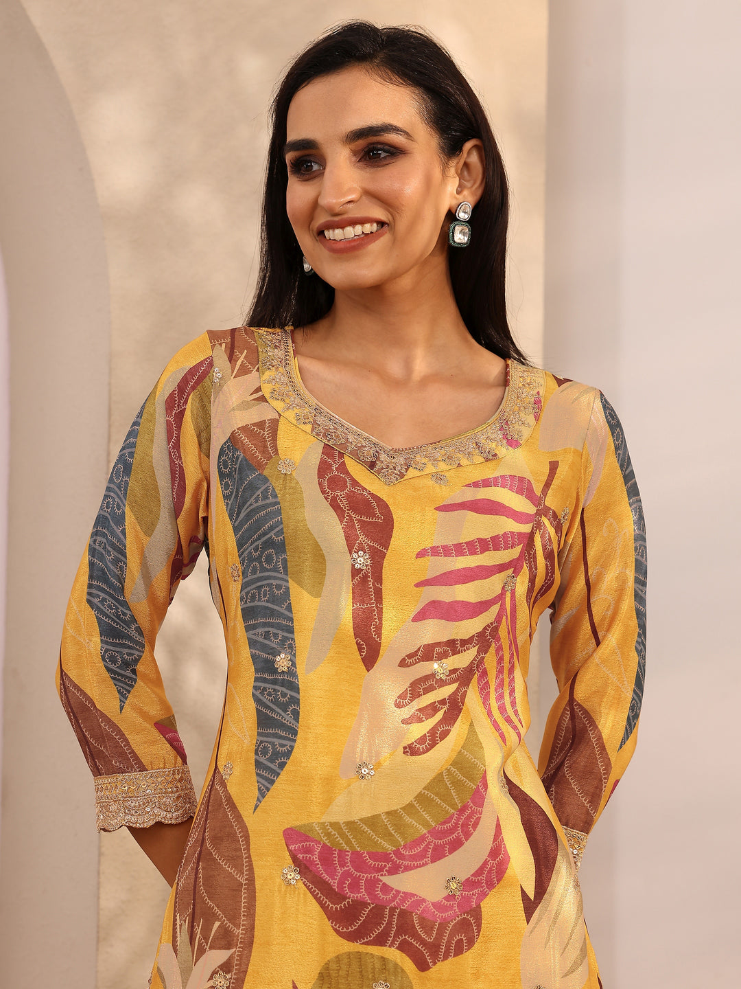  Mustard Printed Chinon Straight Suit Set With Dupatta 