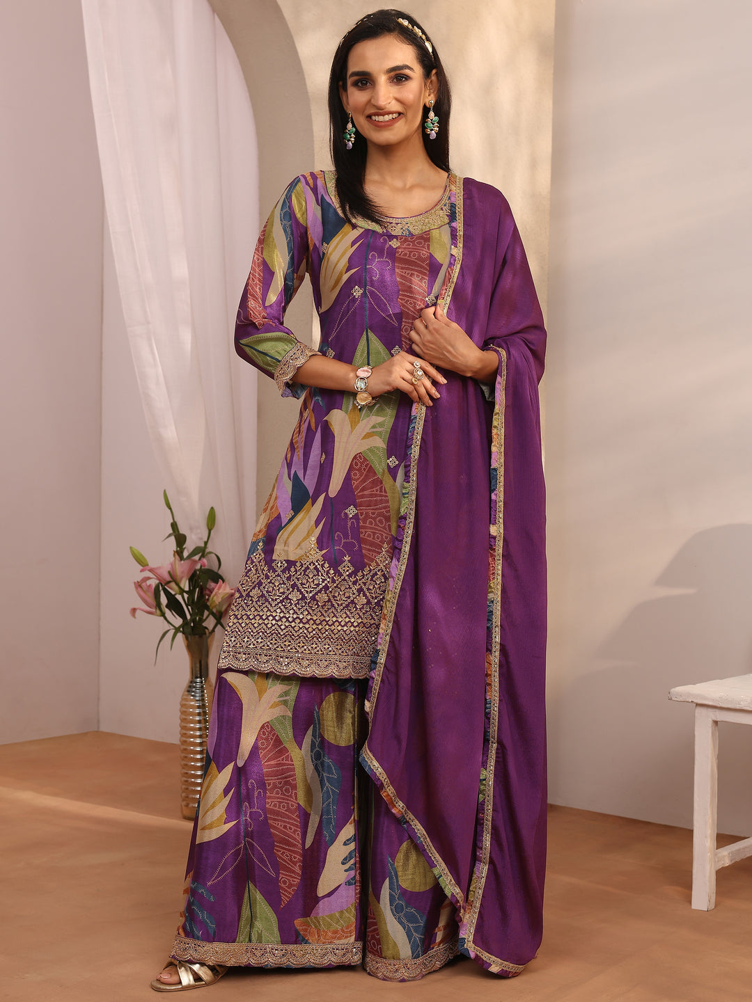  Purple Printed Chinon Straight Suit Set With Dupatta 