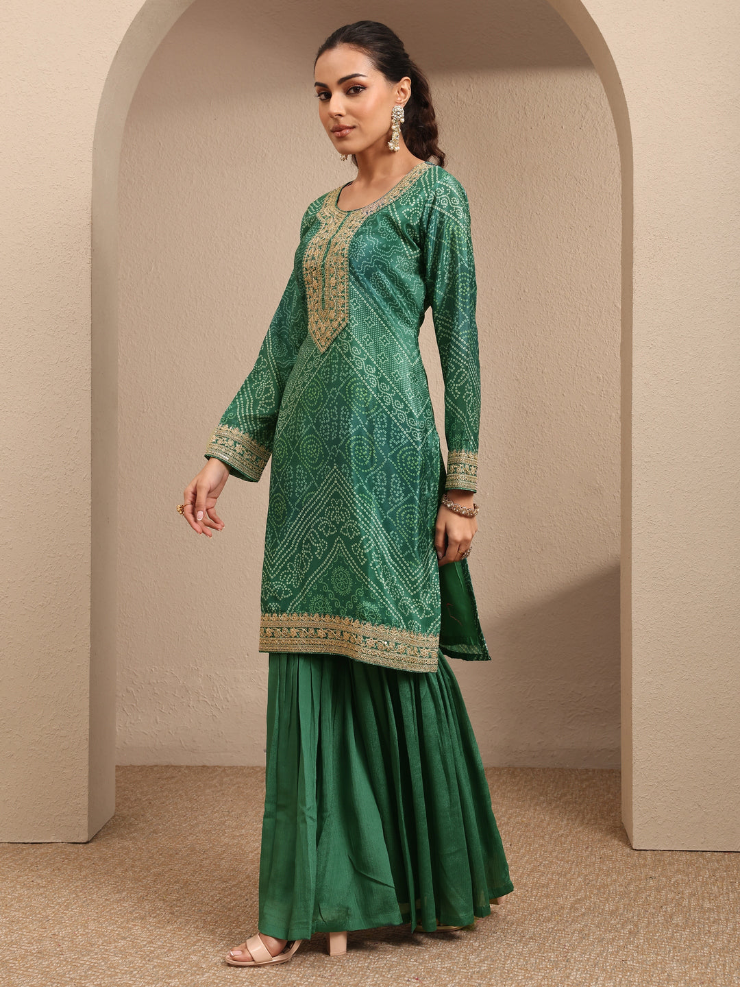  Green Bandhani Printed Chinon Straight Sharara Suit Set With Dupatta 