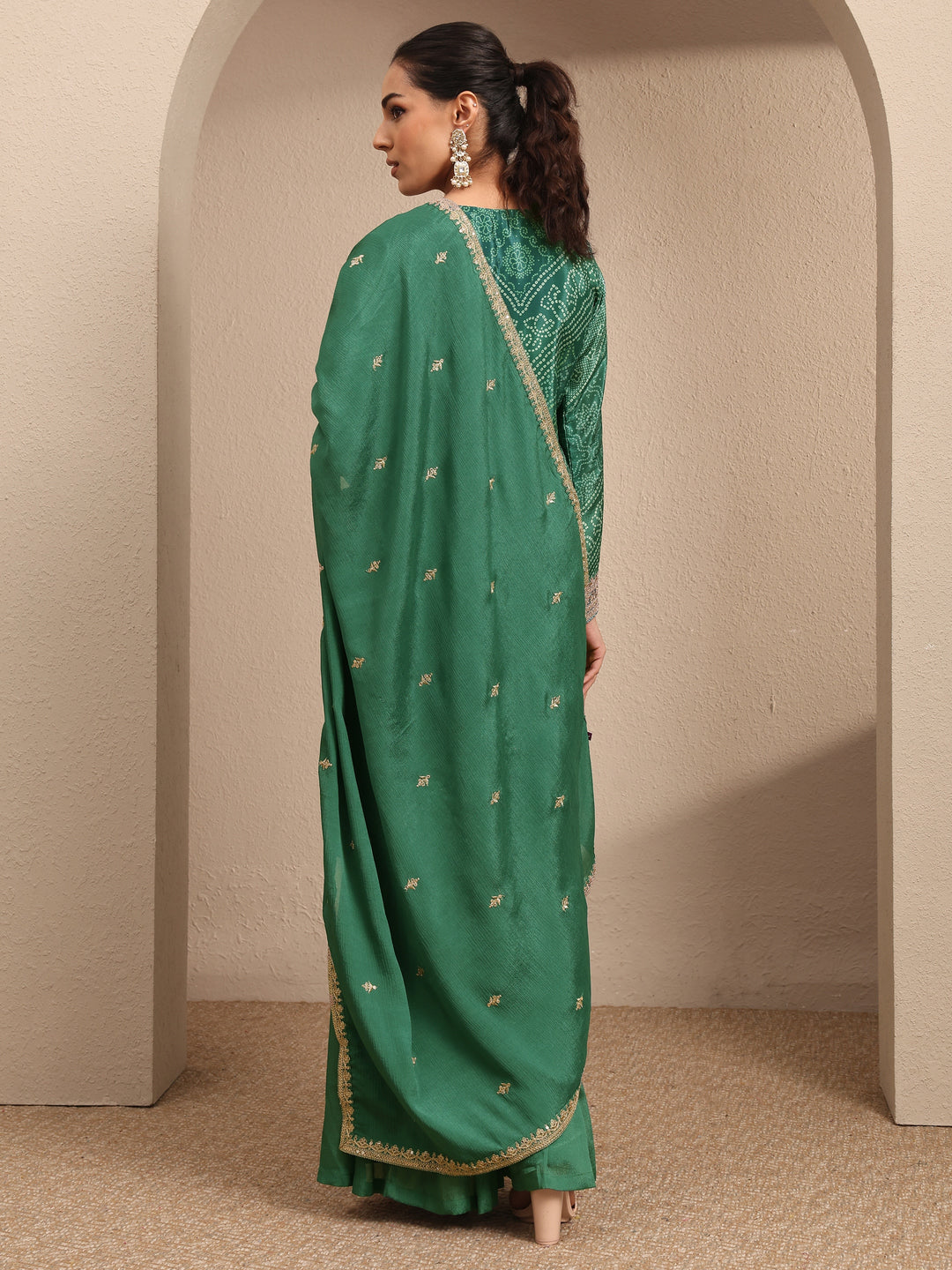  Green Bandhani Printed Chinon Straight Sharara Suit Set With Dupatta 