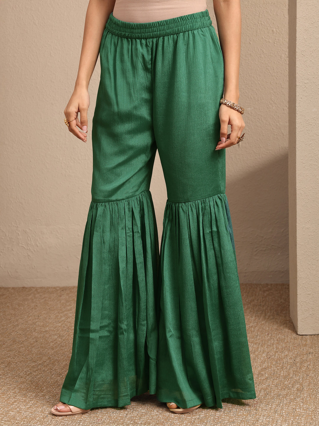  Green Bandhani Printed Chinon Straight Sharara Suit Set With Dupatta 