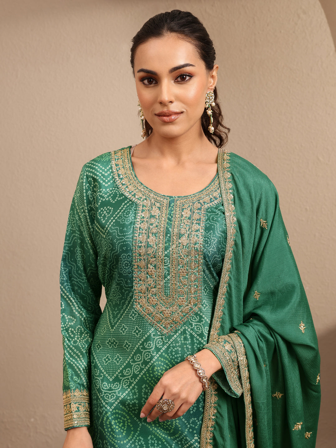  Green Bandhani Printed Chinon Straight Sharara Suit Set With Dupatta 