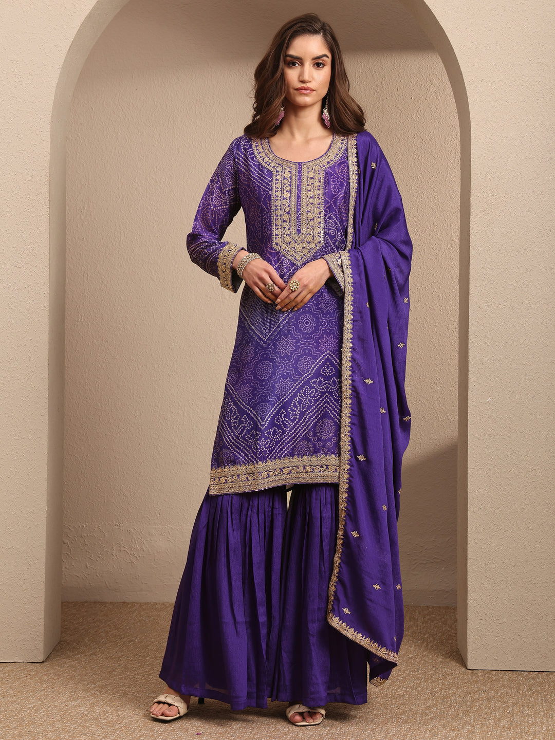  Purple Bandhani Printed Chinon Straight Sharara Suit Set With Dupatta 