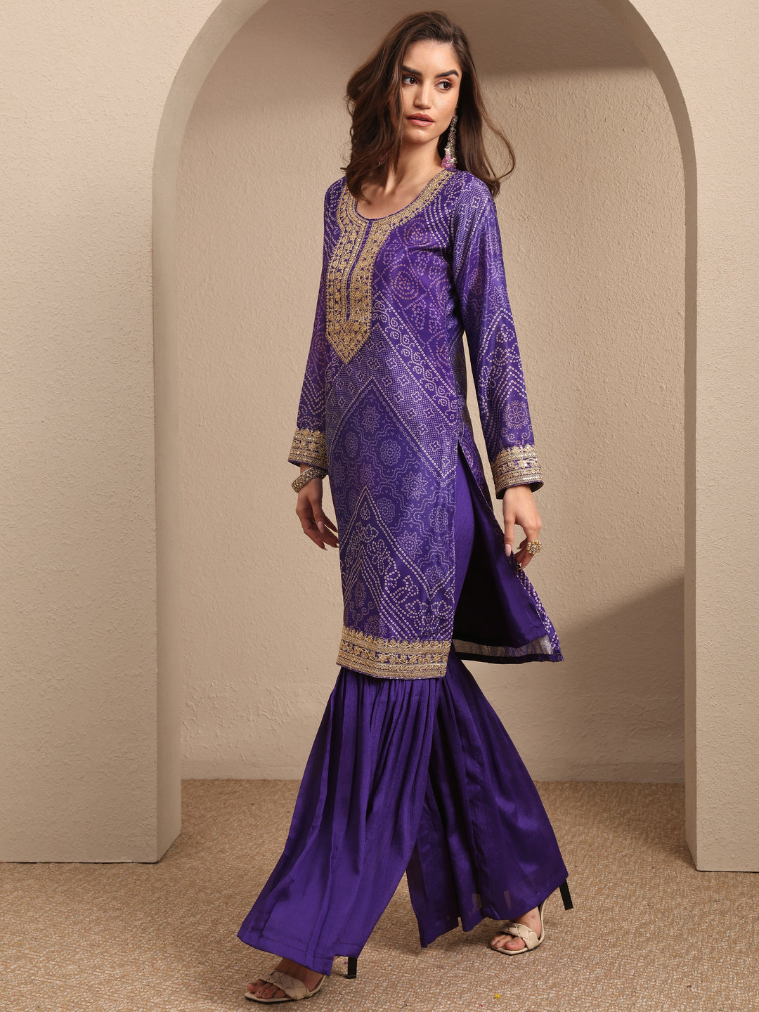  Purple Bandhani Printed Chinon Straight Sharara Suit Set With Dupatta 