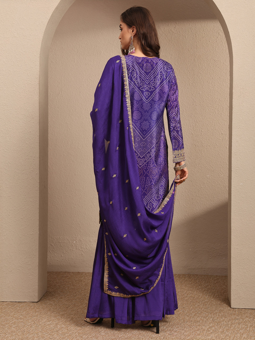  Purple Bandhani Printed Chinon Straight Sharara Suit Set With Dupatta 
