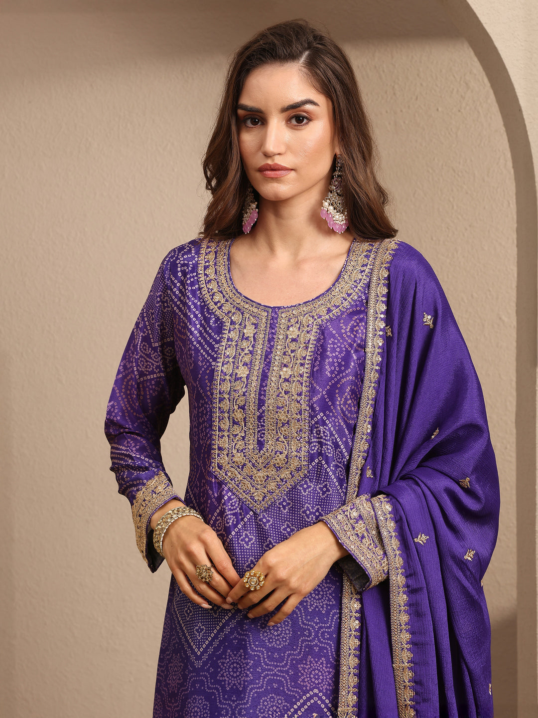  Purple Bandhani Printed Chinon Straight Sharara Suit Set With Dupatta 