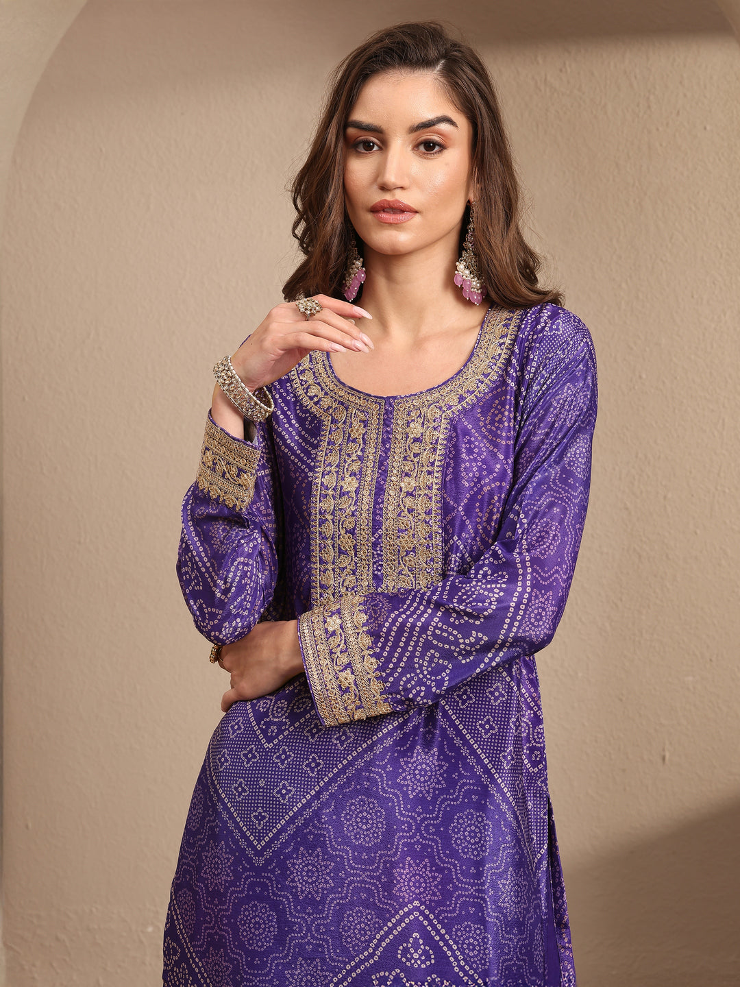  Purple Bandhani Printed Chinon Straight Sharara Suit Set With Dupatta 