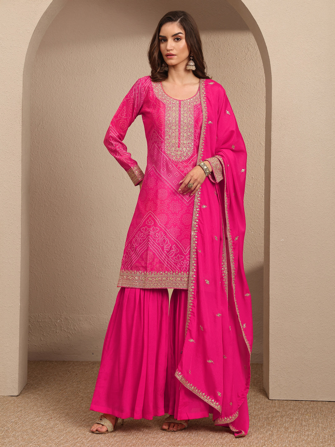  Pink Bandhani Printed Chinon Straight Sharara Suit Set With Dupatta 