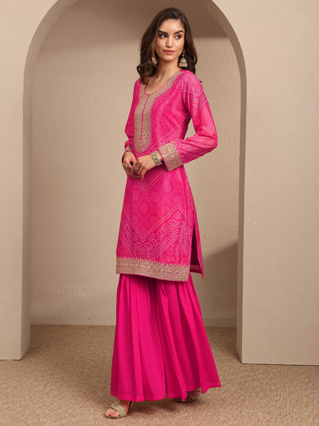  Pink Bandhani Printed Chinon Straight Sharara Suit Set With Dupatta 