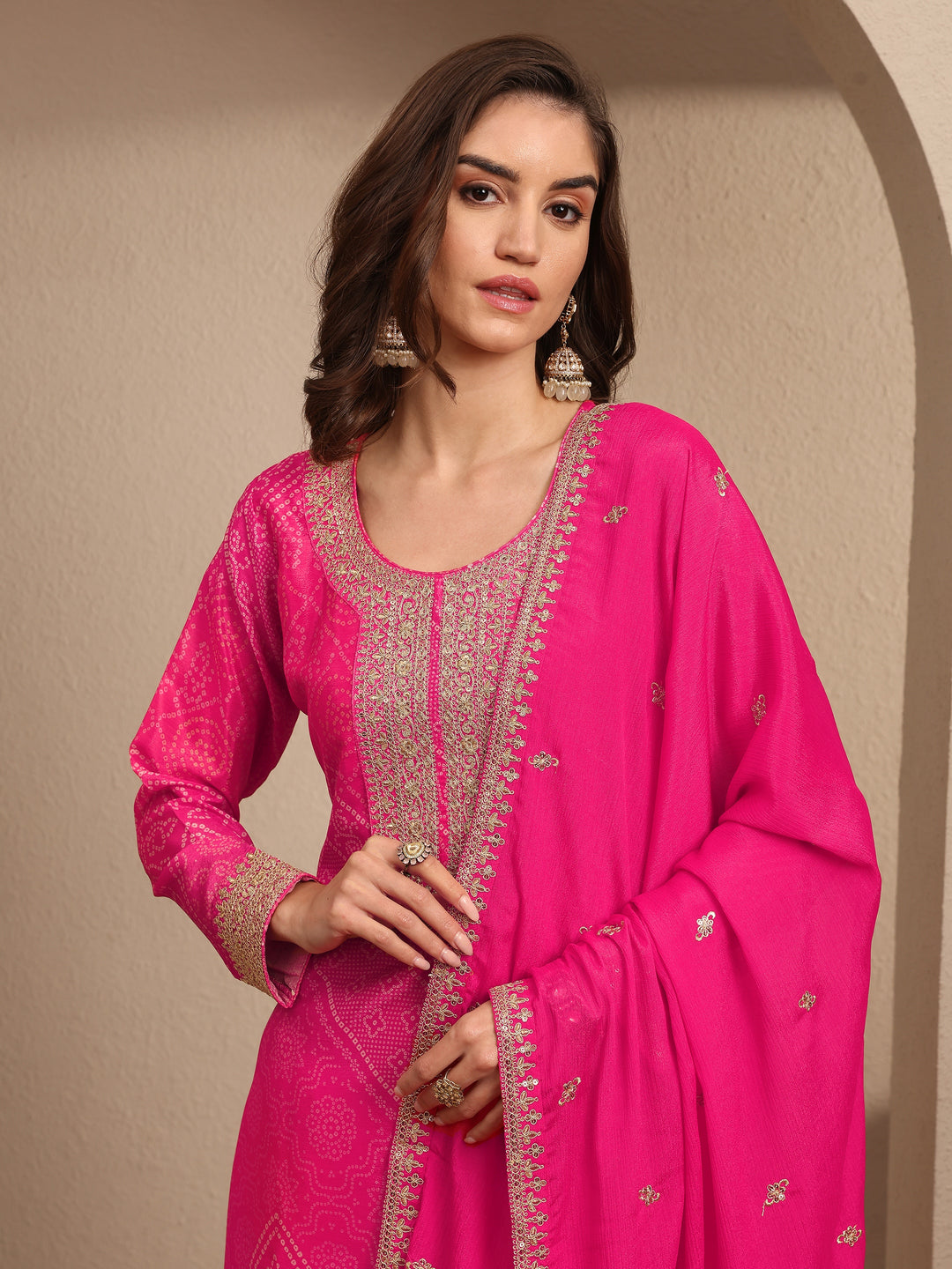  Pink Bandhani Printed Chinon Straight Sharara Suit Set With Dupatta 