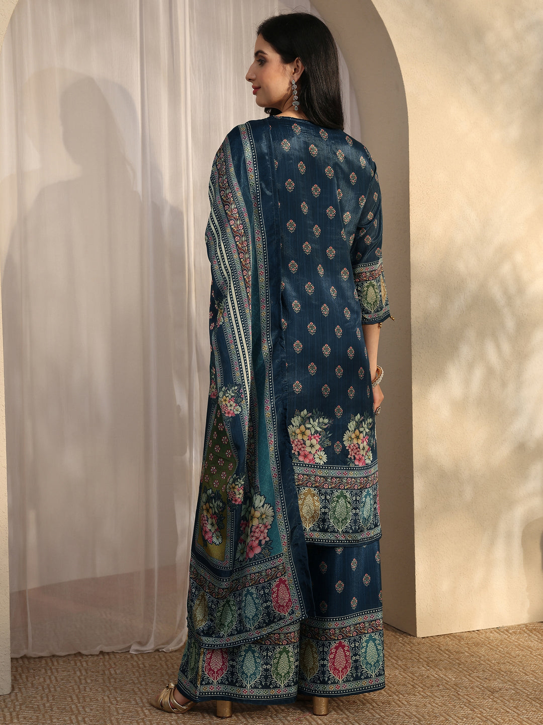  Blue Printed Chinon Straight Suit Set With Dupatta 