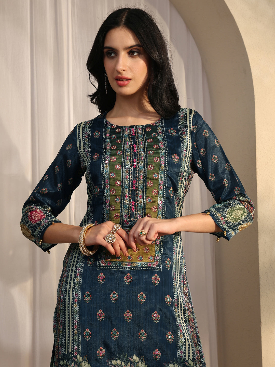  Blue Printed Chinon Straight Suit Set With Dupatta 