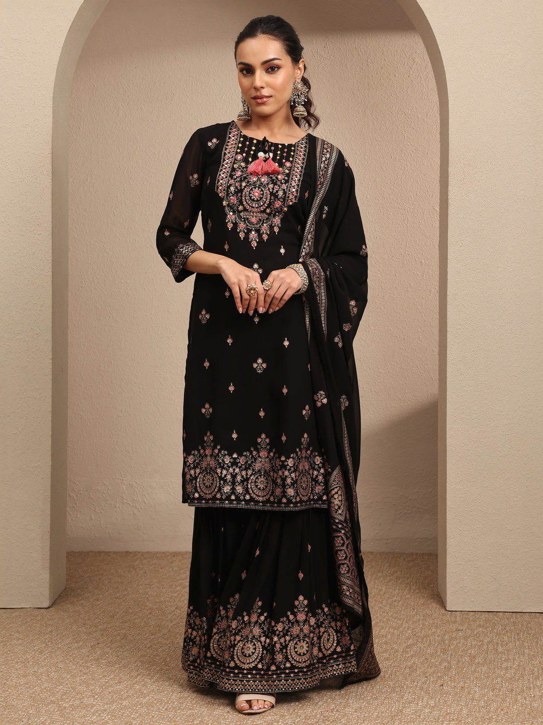  Black Embroidered Georgette Straight Sharara Suit Set With Dupatta 
