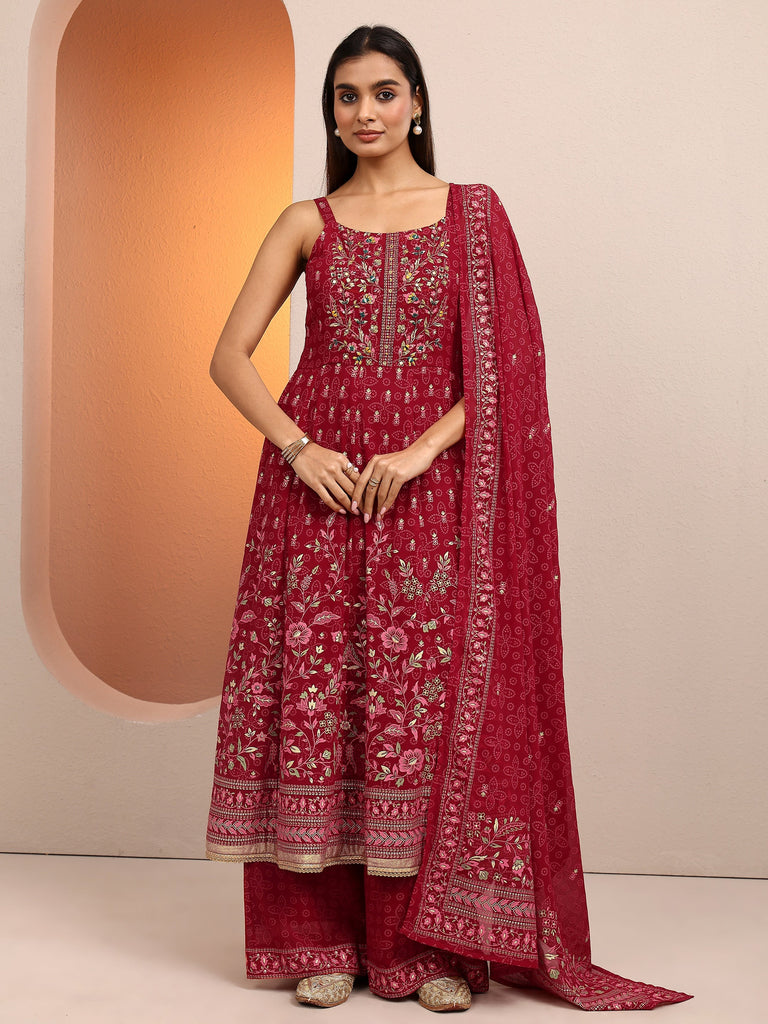 Libas Red Printed Georgette Anarkali Suit Set With Dupatta