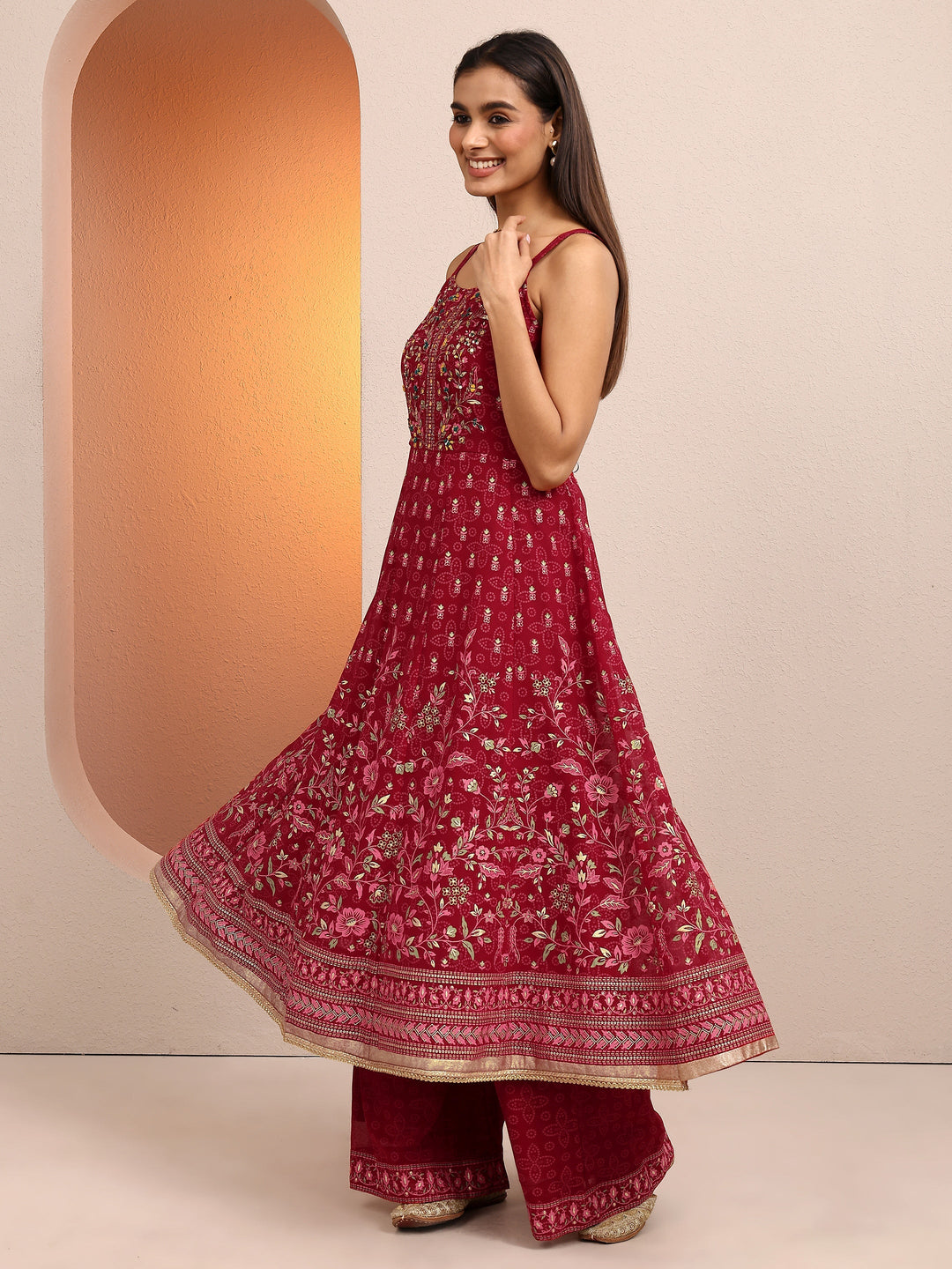  Red Printed Georgette Anarkali Suit Set With Dupatta 