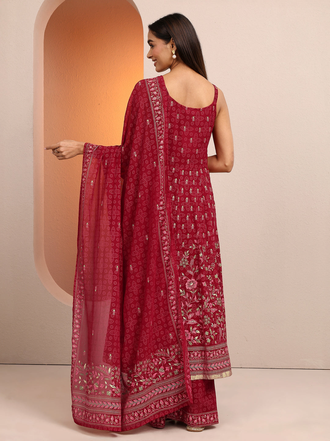  Red Printed Georgette Anarkali Suit Set With Dupatta 