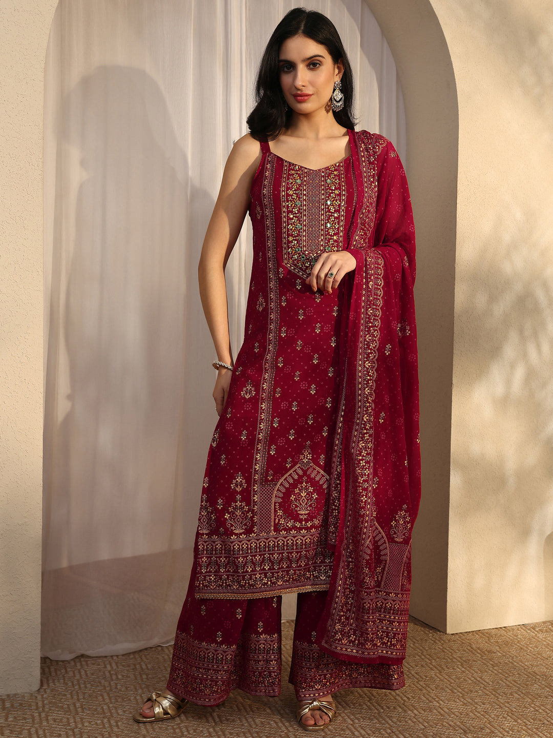Red Printed Georgette Straight Suit Set With Dupatta