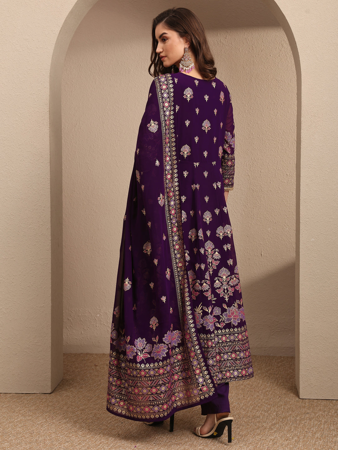  Purple Embroidered Georgette A-line Suit Set With Dupatta 