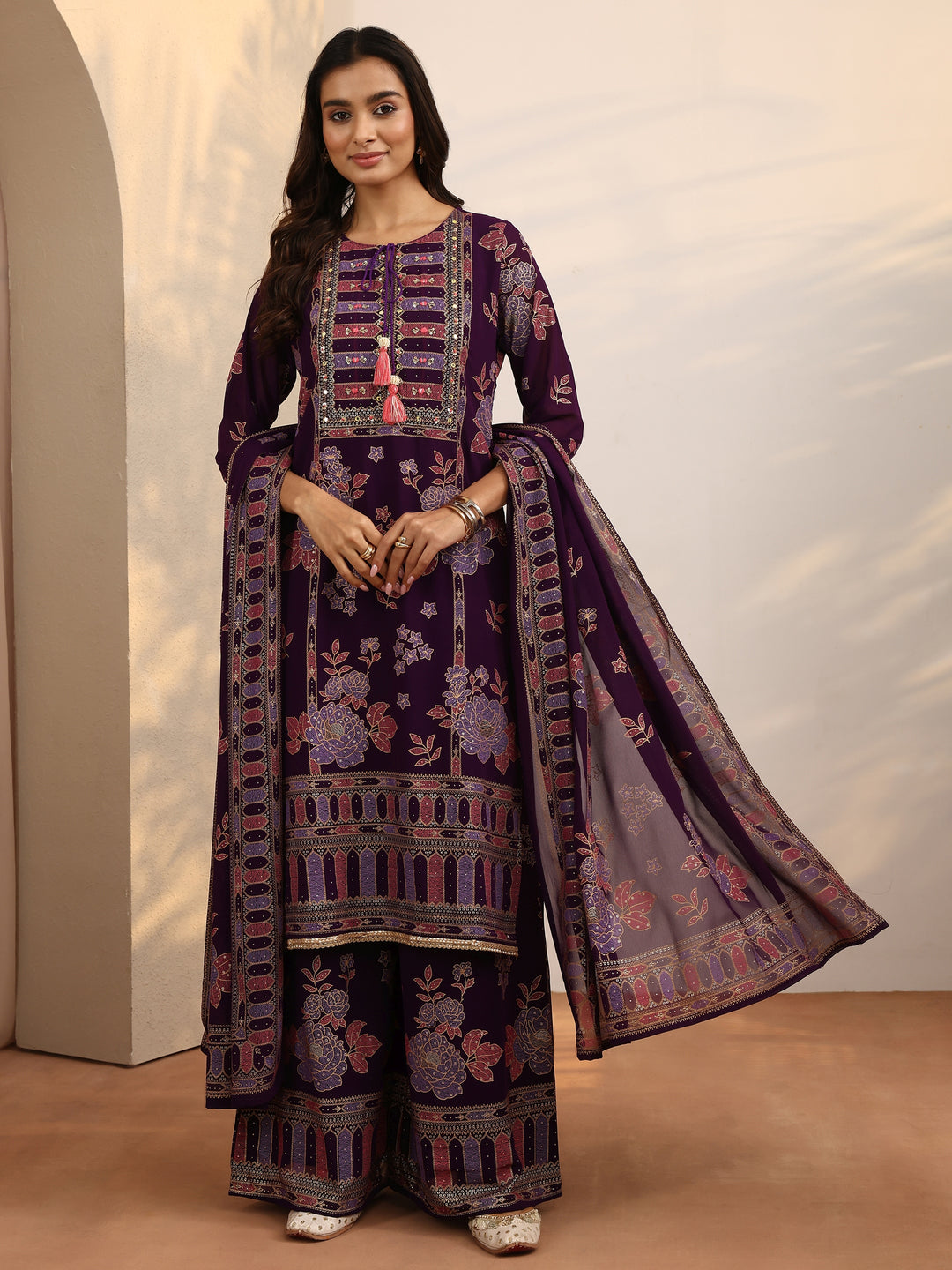  Purple Printed Georgette Straight Suit Set With Dupatta 