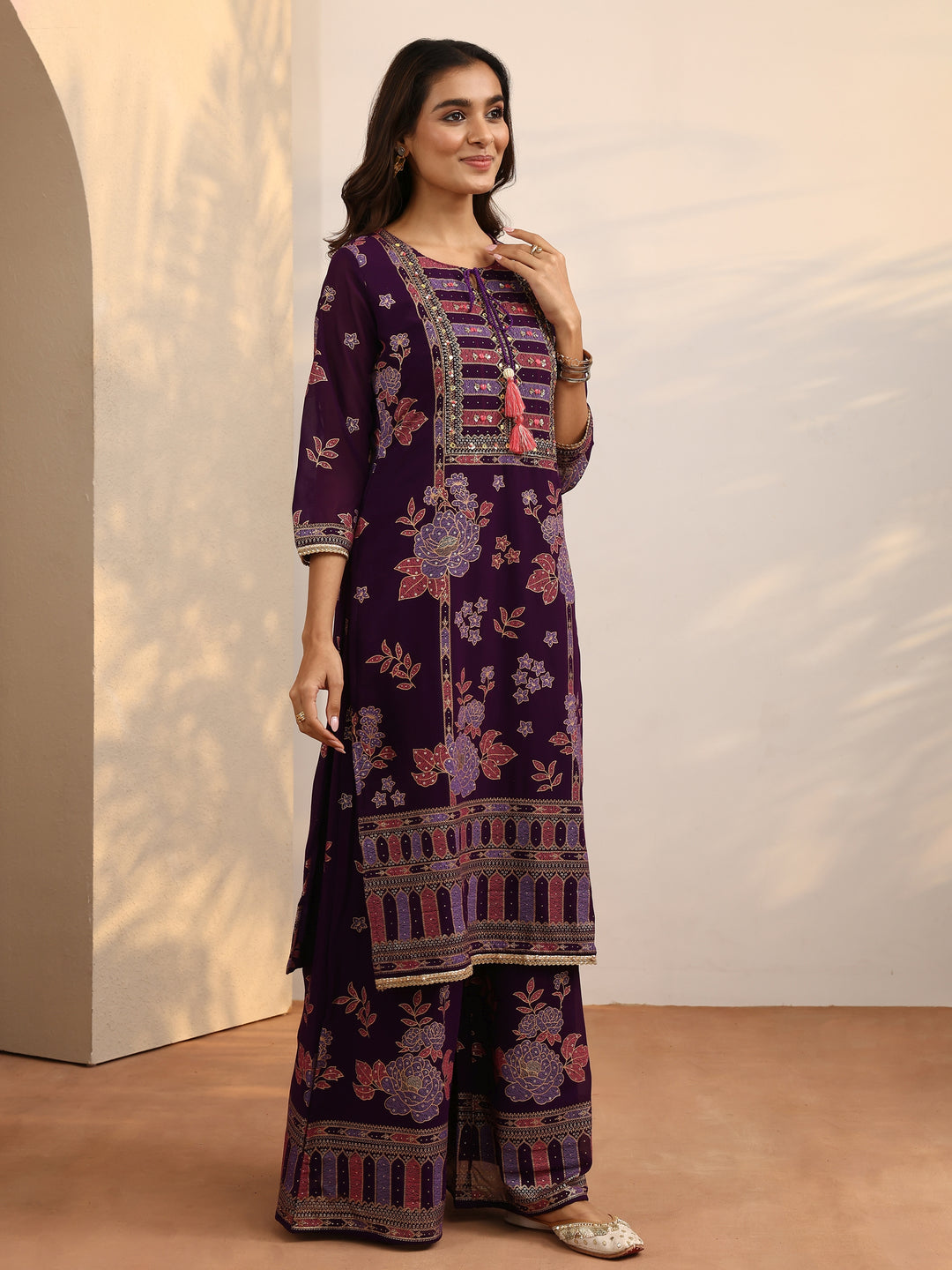  Purple Printed Georgette Straight Suit Set With Dupatta 