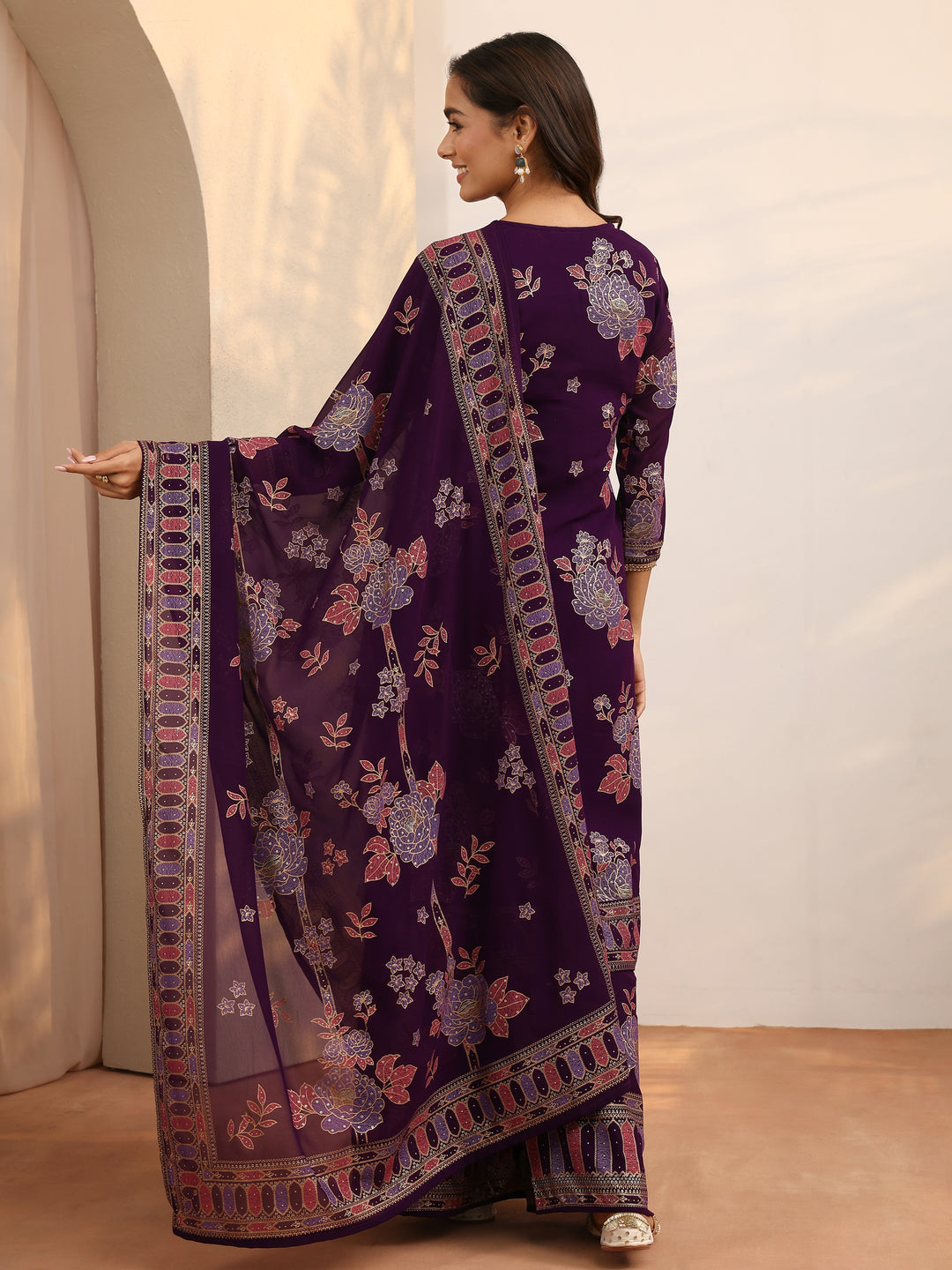  Purple Printed Georgette Straight Suit Set With Dupatta 