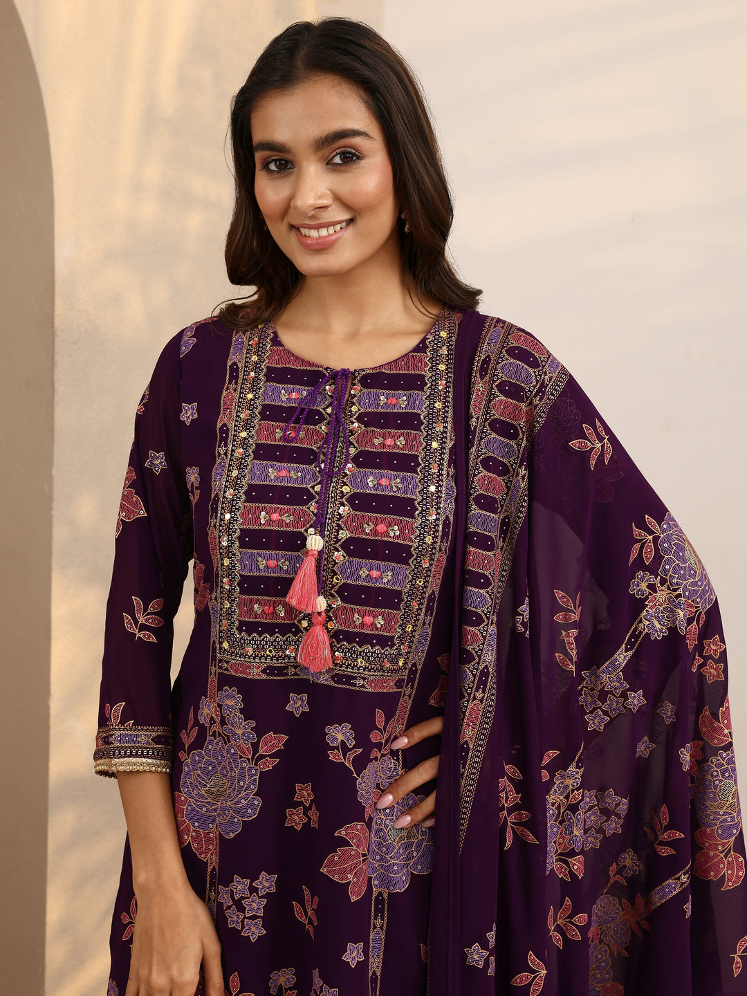  Purple Printed Georgette Straight Suit Set With Dupatta 