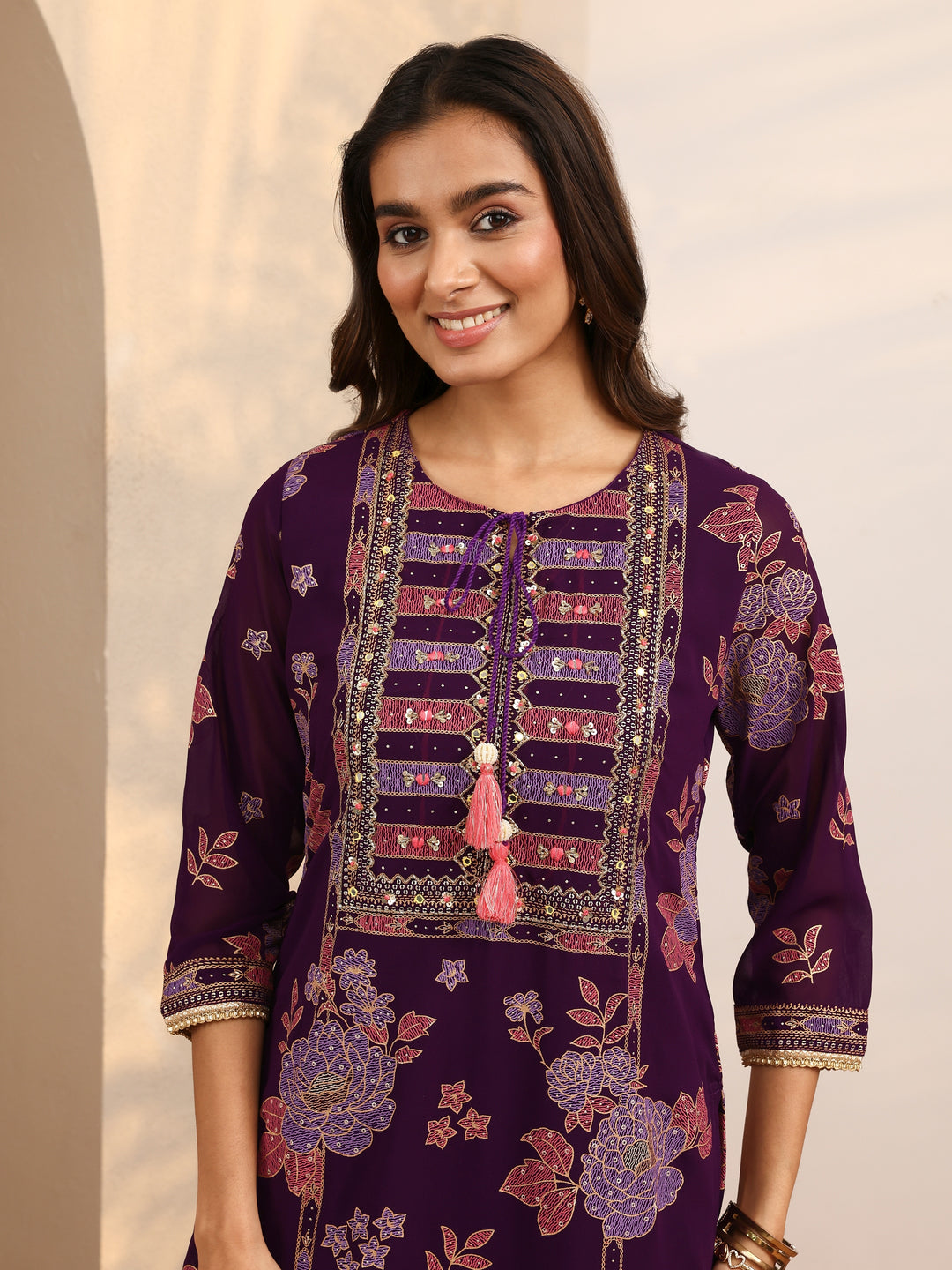  Purple Printed Georgette Straight Suit Set With Dupatta 