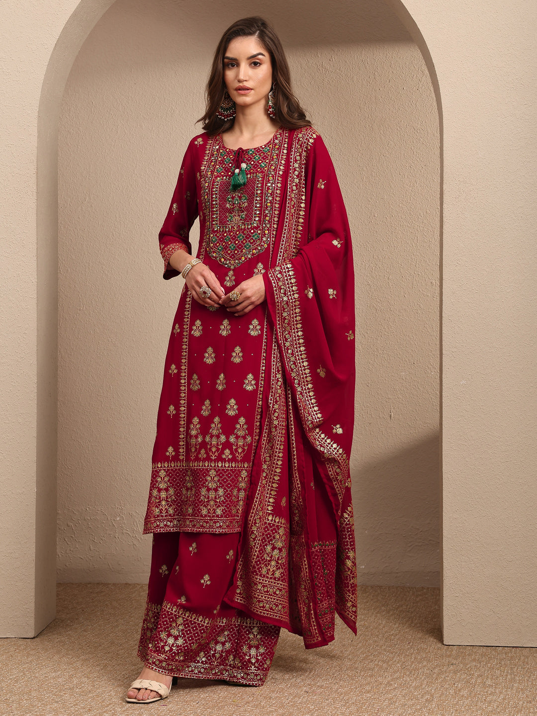  Red Embroidered Georgette Straight Suit Set With Dupatta 