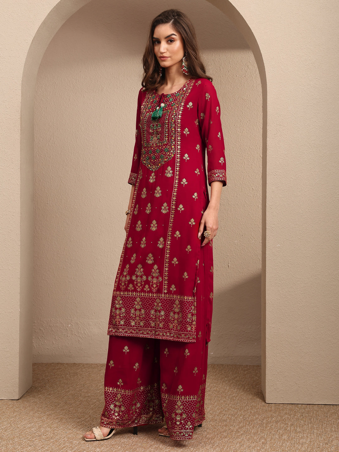  Red Embroidered Georgette Straight Suit Set With Dupatta 