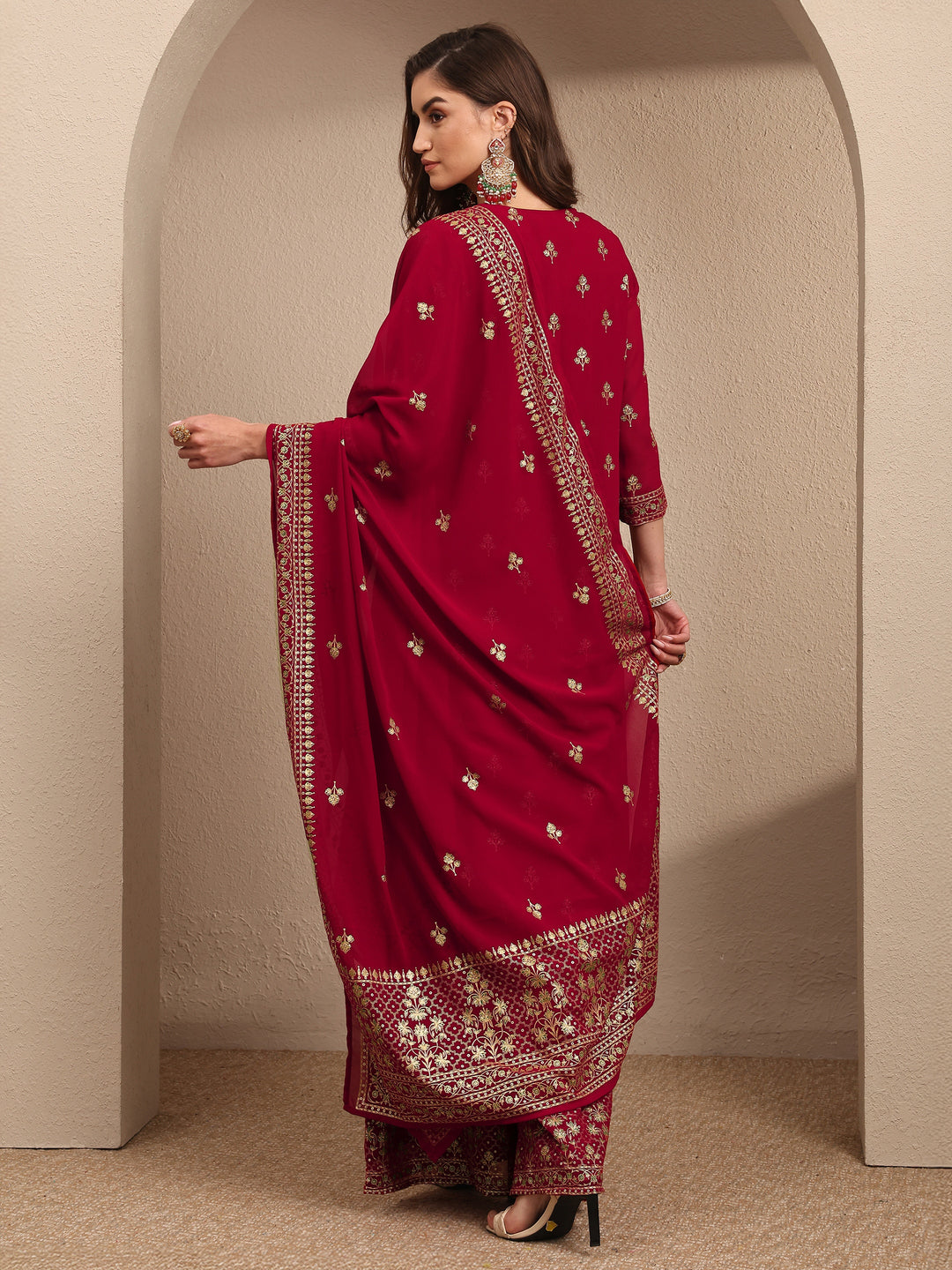  Red Embroidered Georgette Straight Suit Set With Dupatta 