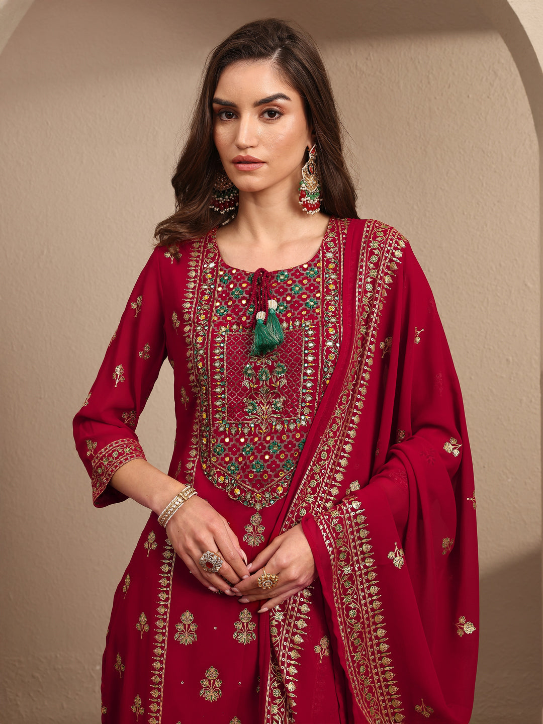 Red Embroidered Georgette Straight Suit Set With Dupatta 