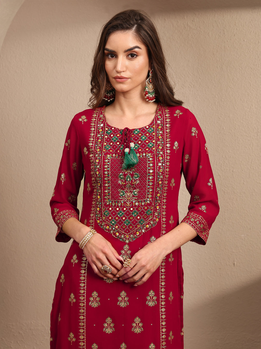  Red Embroidered Georgette Straight Suit Set With Dupatta 