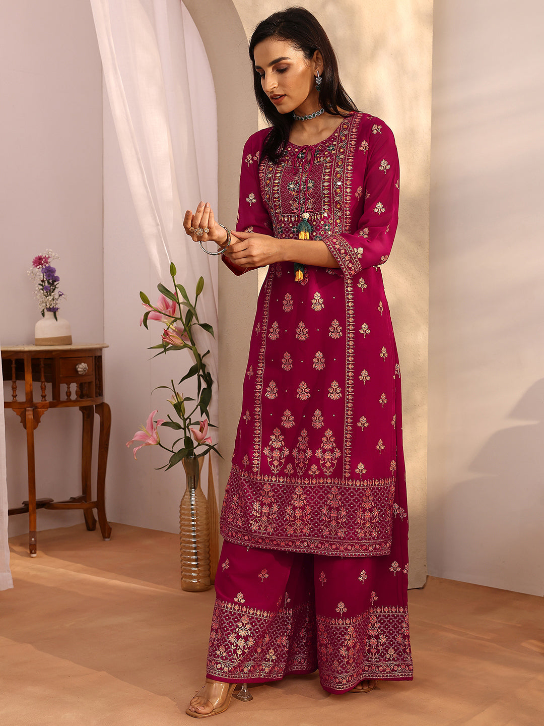  Libas Pink Embroidered Georgette Straight Suit Set With Dupatta 